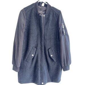 H & M Women’s Wool Blend Zip Coat Jacket Sz 8 Black Satin Sleeves Classic